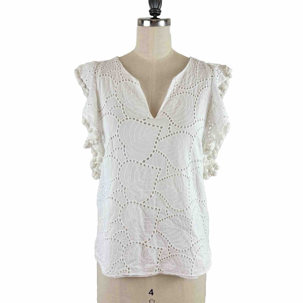 Lilly Pulitzer Blouse Astara Palm Tree Eyelet Ruffle Pom Pom Top White XS Preppy - Picture 2 of 10